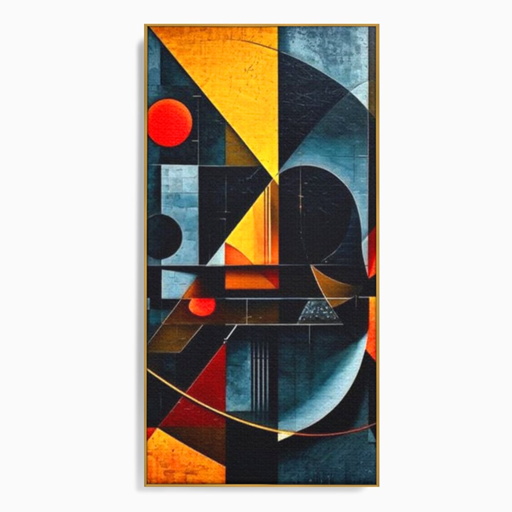Tablou canvas cu pictura abstracta cu forme geometrice, in rama de aluminiu auriu